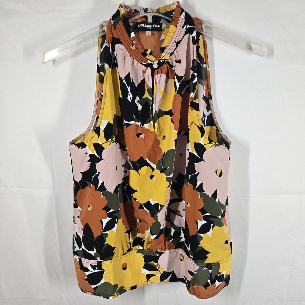 Karl Lagerfeld Paris Womens Sleeveless Floral Blouse M  Retro 70s‎ Chic